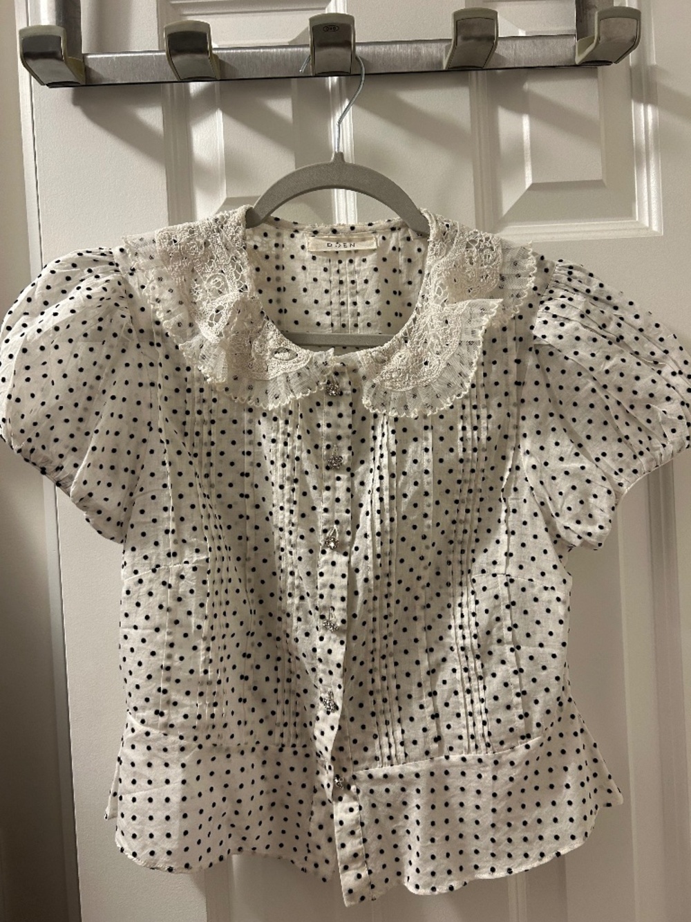 DÔEN Oleta Top in Sea Salt Dot featuring a lace-trimmed Peter Pan collar